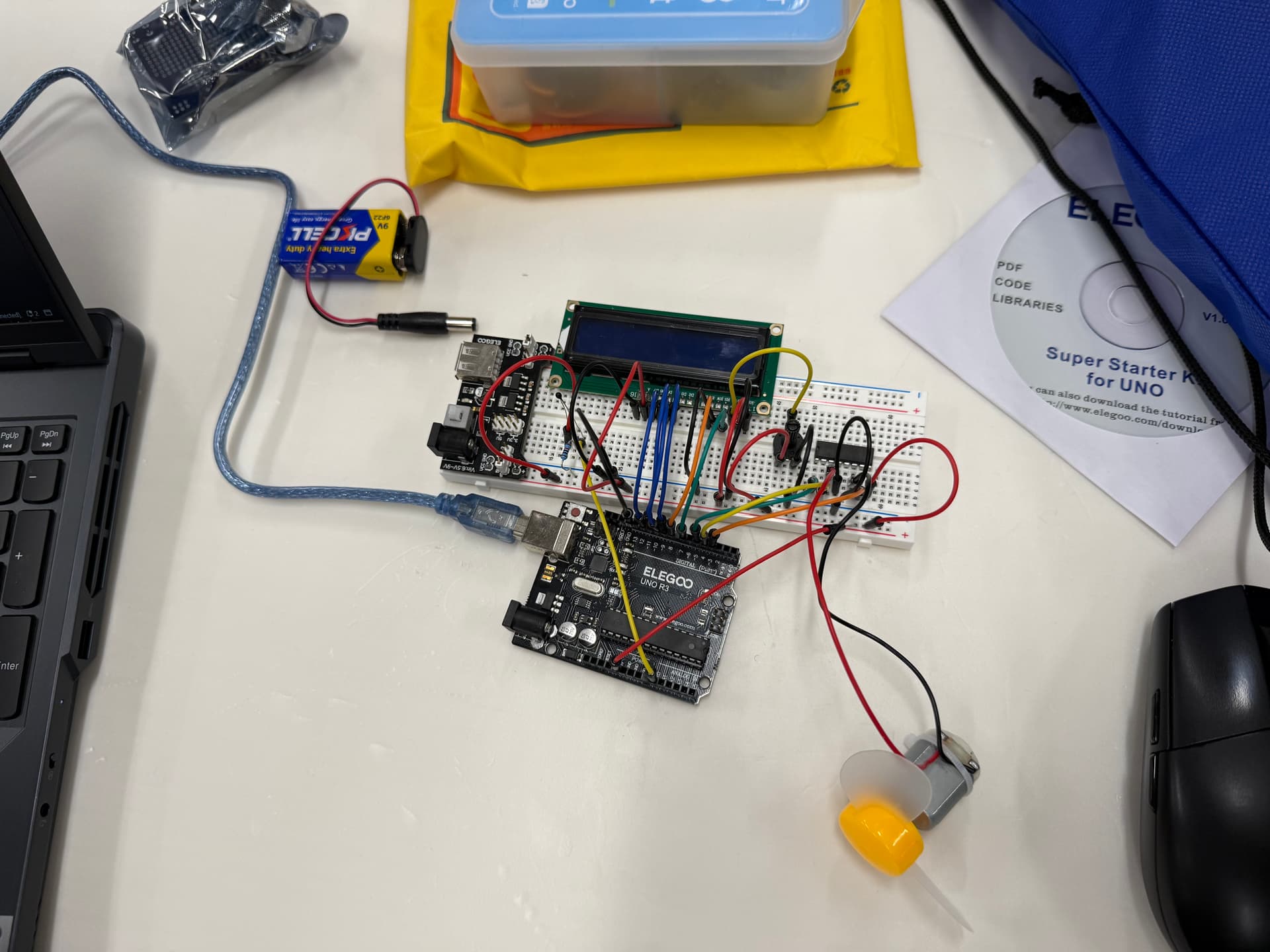 Mini HVAC breadboard wiring with Arduino, sensor, LCD, and fan