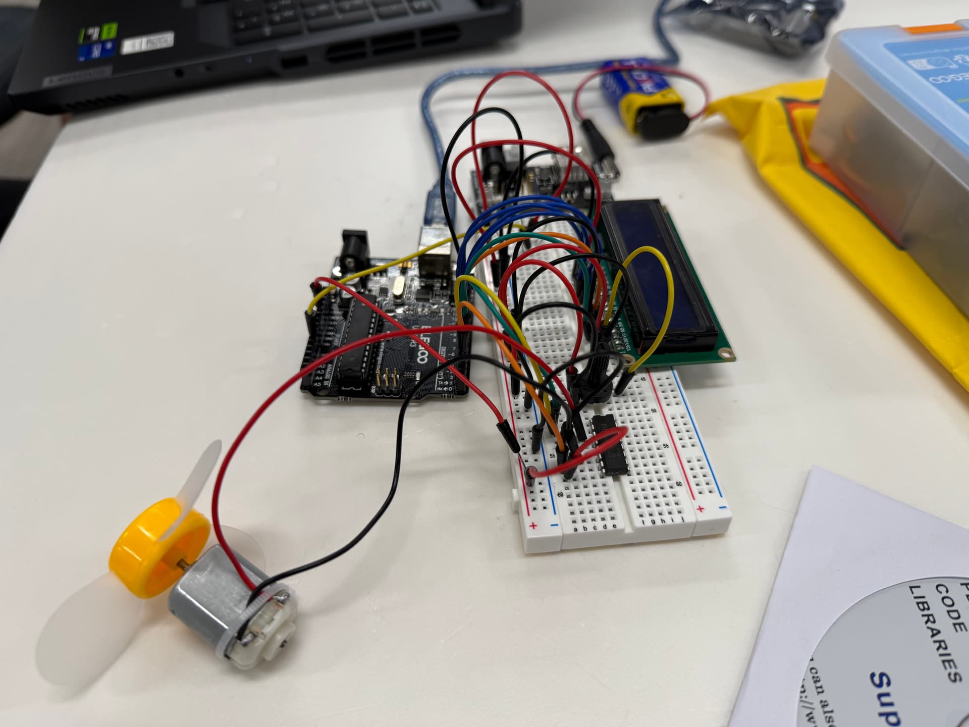 Mini HVAC breadboard wiring with Arduino, sensor, LCD, and fan